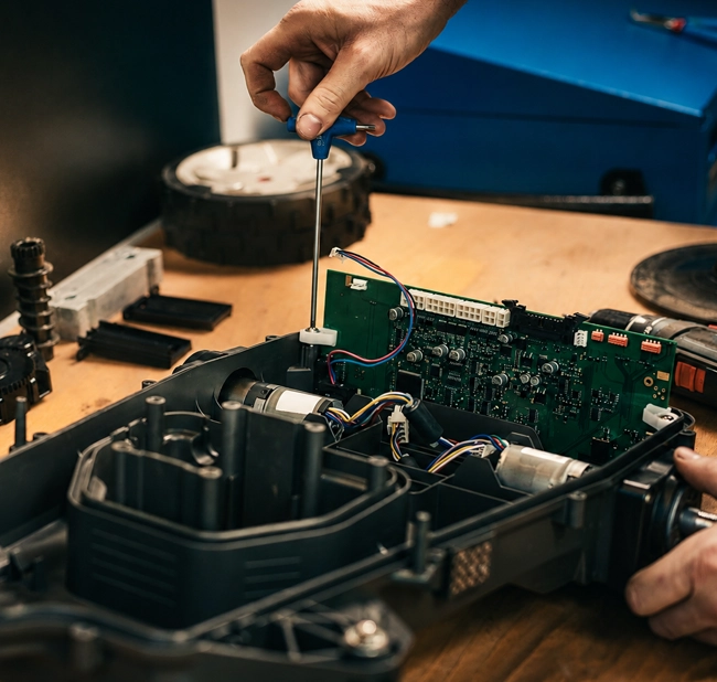 Techniker repariert einen Auto-Mow Mähroboter in der Werkstatt – professionelle Diagnose, Wartung und Reparatur von Mährobotern in Klosterneuburg, Wien und Niederösterreich