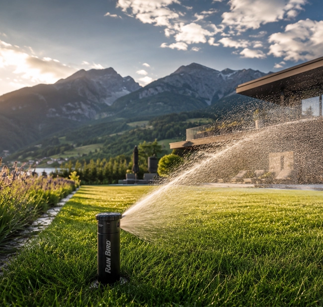 Ein moderner Rain Bird Regner bewässert eine perfekt gepflegte grüne Rasenfläche vor einer luxuriösen modernen Villa in den österreichischen Alpen. Die goldene Abendsonne erzeugt eine cineastische Stimmung, während feine Wasserstrahlen im Licht glänzen und die Berge im Hintergrund sichtbar sind.